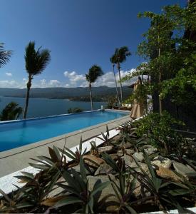 een zwembad met uitzicht op het water en de palmbomen bij Villa de Pico Highland Beach Resort in Puerto Galera