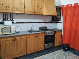cocina con armarios de madera, fregadero y microondas en Departamento West en Las Heras