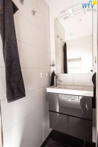 a bathroom with a sink and a mirror at Ferienhaus Seeblick - Wohnung 85 in Borkum +22 photos