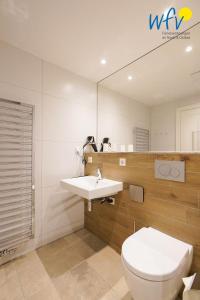 a bathroom with a toilet and a sink and a mirror at Achterhus - Ferienwohnung Wattwurm in Juist
