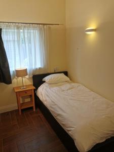 ein kleines Schlafzimmer mit einem Bett und einem Tisch mit einer Lampe in der Unterkunft The Brownlow Stables in Leighton Buzzard