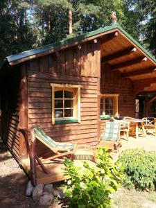 um chalé de madeira com duas cadeiras e uma mesa em Holzhaus Waldwichtel am Wald und See em Neuruppin