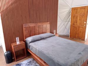 巴耶德布拉沃的住宿－Glamping Don Delfis，一间卧室配有一张带木制床头板的床