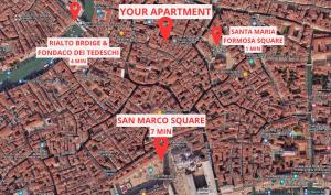 a map of a city with red pointers at Rialto Bridge! Comodo appartamento in centro - 2 in Venice