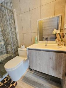 a bathroom with a toilet and a sink and a shower at [Trendy Suite] Centro città + Garage in Cuenca