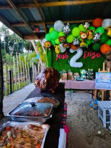 a table with a buffet of food and green balloons at Destiny Rainbow Beach Resort in Siquijor