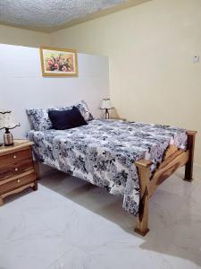 ein großes Bett in einem Schlafzimmer mit zwei Lampen in der Unterkunft Jay's Chill Paradise in Yallahs