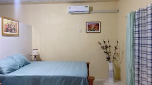 Schlafzimmer mit einem Bett mit blauer Decke in der Unterkunft Jay's Chill Paradise in Yallahs