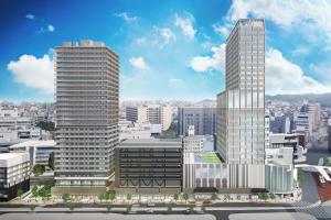 a rendering of two tall buildings in a city at Courtyard by Marriott Fukui in Fukui