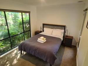 a bedroom with a bed and a large window at Rail Trail Cottage - Bright in Bright