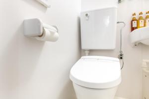 ein Badezimmer mit einem weißen WC und einer Rolle Toilettenpapier in der Unterkunft Hotel Sanrriot Osaka honmachi - Vacation STAY 22289v in Osaka