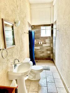 a bathroom with a toilet and a sink and a shower at Departamento centrico, 2 habitaciones , 4 camas matrimoniales, 1 bano completo, 1 estacionamiento in Cabo San Lucas