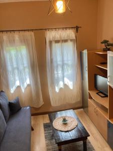 a living room with a couch and two windows at Historic House in the Heart of Old Town Sozopol in Sozopol