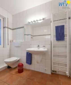 a bathroom with a sink and a toilet with blue towels at Luv und Lee Ferienwohnung Pilsum in Juist