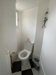 La salle de bains est pourvue de toilettes et d'un sol en damier noir et blanc. dans l'établissement Lovely bright apartment near Paris - Bercy - Orly - Rungis, à Bourg-la-Reine