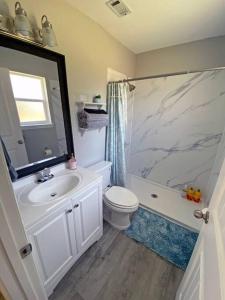 a bathroom with a sink and a toilet and a shower at The Blue Pearl 6min to Downtown -Short Beach Drive in Pensacola +38 photos