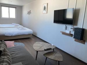 a hotel room with a couch and a tv at RJ HOTELS OTARU in Otaru
