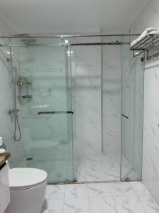y baño con ducha de cristal y aseo. en BaoTran Apartment & hotel, en Ðông Khê