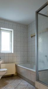a bathroom with a tub and a toilet and a window at Studiowohnungen Am Neuberinhaus F&G Apartments in Reichenbach im Vogtland