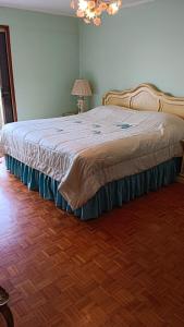 a large bed in a bedroom with a wooden floor at VILLA DINA in Arkítsa