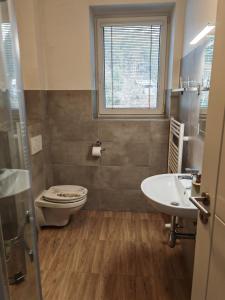 baño con aseo y lavabo y ventana en Penzion U Vody en Horní Bečva