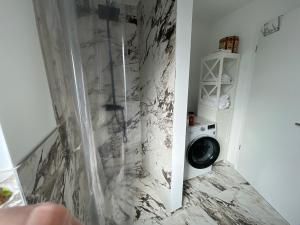 eine Dusche im Bad mit einer Waschmaschine in der Unterkunft Gemütliche Wohnung im Herzen von Schwäbisch Gmünd in Schwäbisch Gmünd + 4 Fotos
