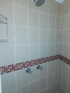 um chuveiro em azulejo com duas torneiras na casa de banho em Lapalosa Lodge em Centurion
