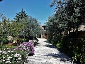 a garden with purple and white flowers on a path at Holiday house Sicily in Borgetto