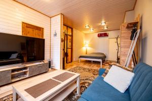 ein Wohnzimmer mit einem blauen Sofa und einem TV in der Unterkunft Kauba 6-6 Apartment in Kuressaare