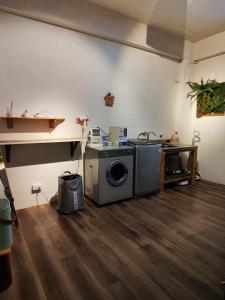 a laundry room with a washing machine and a sink at 棚棚屋室內帳篷民宿Inn in Kaohsiung