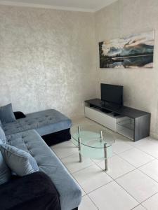 a living room with a couch and a tv at Lake Skadar Paradise in Podgorica