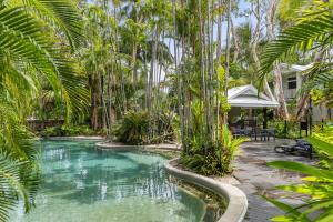 a swimming pool in a yard with palm trees at Tropic Retreat in Port Douglas