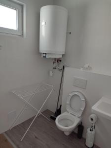 a white bathroom with a toilet and a sink at BÖJTÖS apartmány NESVADY in Nesvady