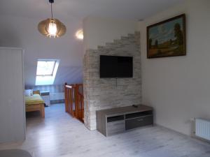 sala de estar con TV y chimenea de ladrillo en Villa Laura, en Polanica-Zdrój