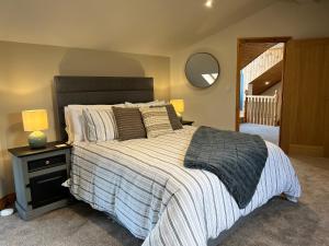 a bedroom with a large bed and a mirror at Hunters Glebe Country Apartment in Castlerock
