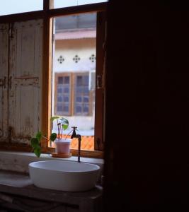 a bathroom sink with a potted plant next to a window at LEJU 8 樂居 Loft living with open air bathroom in Melaka