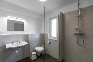 e bagno con lavandino, servizi igienici e doccia. di Sky Rooms by Volo Guest House a Sub Coastă