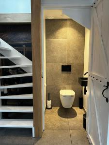 a bathroom with a toilet and a staircase at Luxury apartment in farmhouse near Amsterdam in Ilpendam