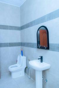 a bathroom with a white toilet and a sink at Douglas Home in Ruhengeri