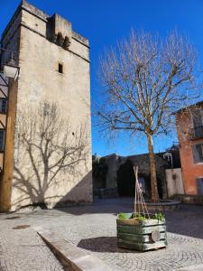 a large tower with a tree in a courtyard at Maison cosy au calme proche sanctuaire in Lourdes
