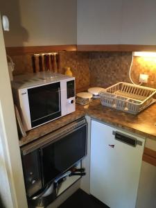 a small kitchen with a microwave and a refrigerator at Champame - A4 - Studio proche pistes - 4 pers in Les Deux Alpes