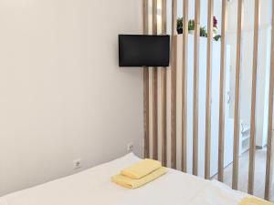 een slaapkamer met een bed en een tv aan de muur bij Metelkova in Ljubljana