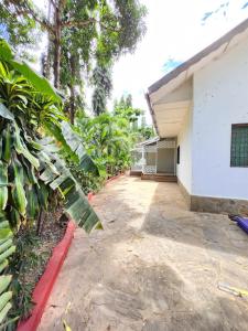 une cour d'un bâtiment blanc avec des arbres dans l'établissement Zuri homes (Mtwapa), à Mtwapa