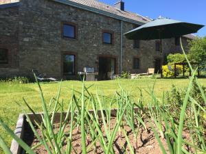 un parasol devant une maison en pierre dans l'établissement Une Chambre à Foyr ?, à Jalhay