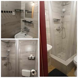 two pictures of a bathroom with a shower and a toilet at Malinowy Gaj - Agroturystyka z alpakami i innymi zwierzętami in Świętajno +50 photos