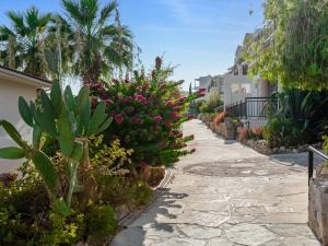 a stone walkway with plants and palm trees at Sanders Seaview Paphos in Chlorakas