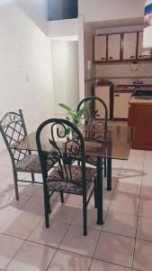 a dining room table and two chairs with a plant at Departamentos Parque Benegas in Godoy Cruz