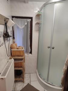 a bathroom with a shower with a glass door at Chata Adavy in Liptovský Ján