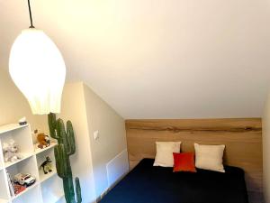 Habitación con cama con 2 almohadas y cactus en Charmant T3- Vue Panoramique, en Sévrier