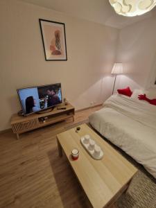 a bedroom with a bed and a tv and a coffee table at Studio confort in Fleury-les-Aubrais